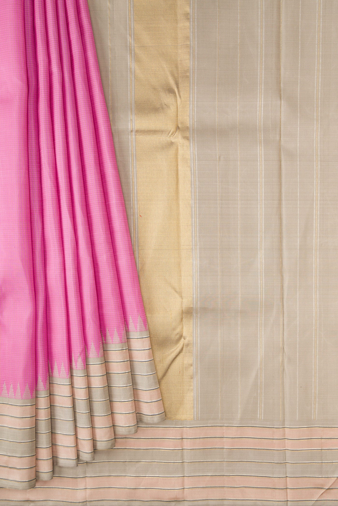Pleats and pallu of Pure Silk Pure Zari Pink Dual Tone Kanjivaram Saree with Stripes on the body and Zari Border. 