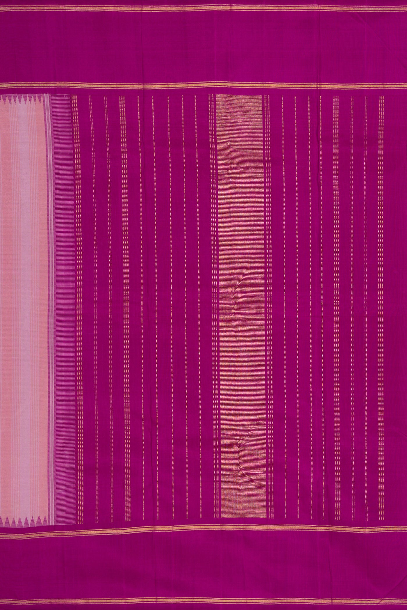 Close up image of the pallu of Pure Silk Pure Zari Lavender Dual Tone Kanjivaram Saree with Stripes on the body and Zari Border. 