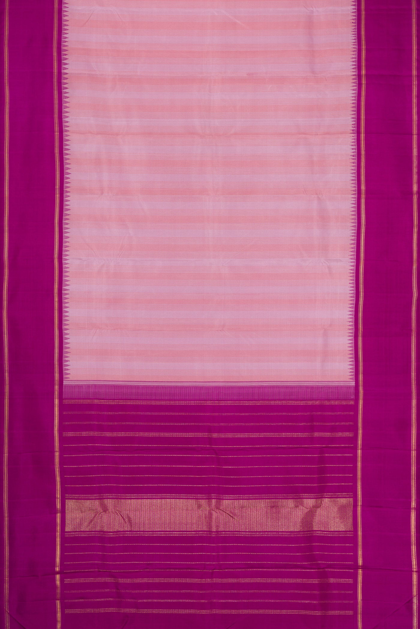 Flat view of Pure Silk Pure Zari Lavender Dual Tone Kanjivaram Saree with Stripes on the body and Zari Border. 