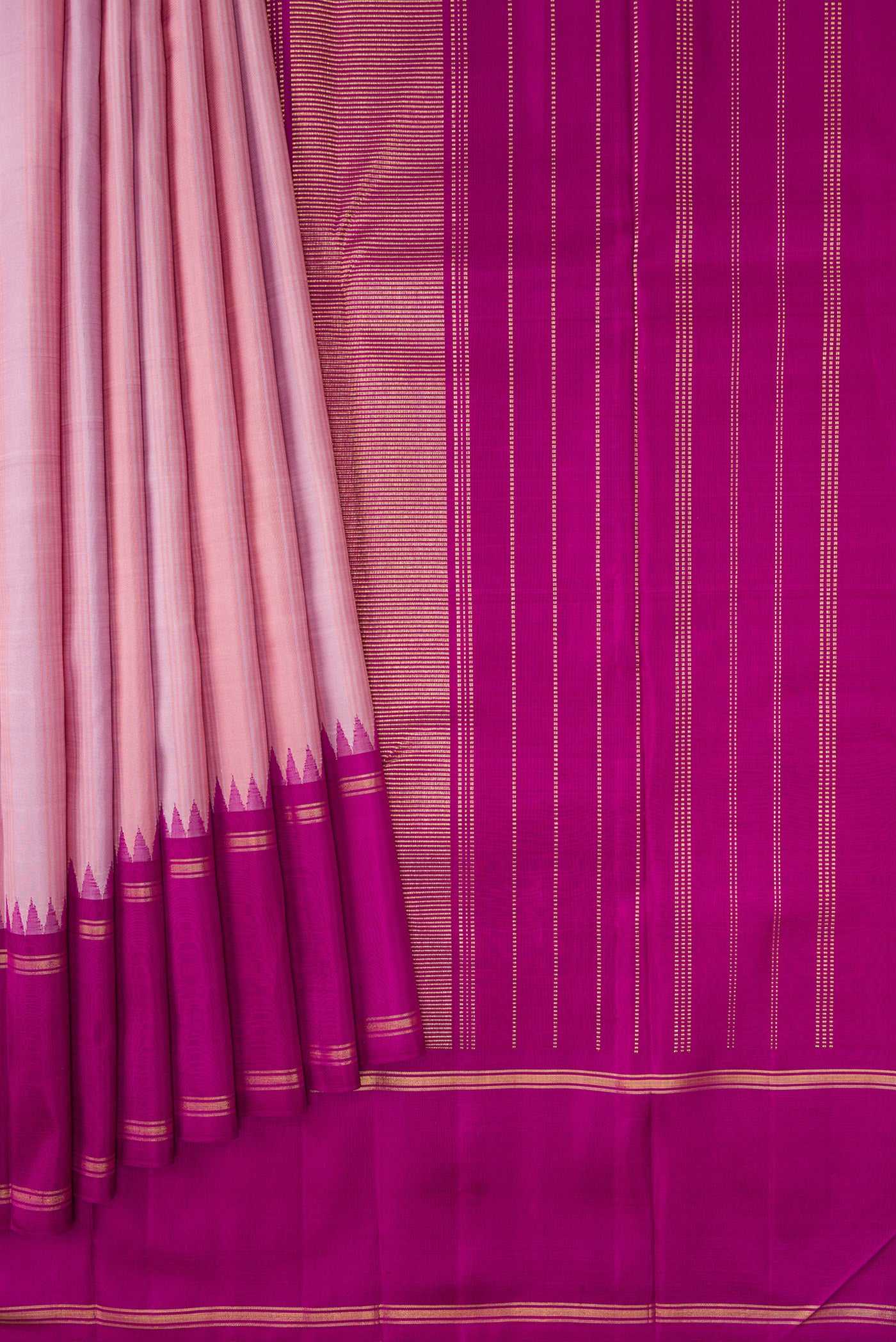 Pleats and pallu of Pure Silk Pure Zari Lavender Dual Tone Kanjivaram Saree with Stripes on the body and Zari Border. 