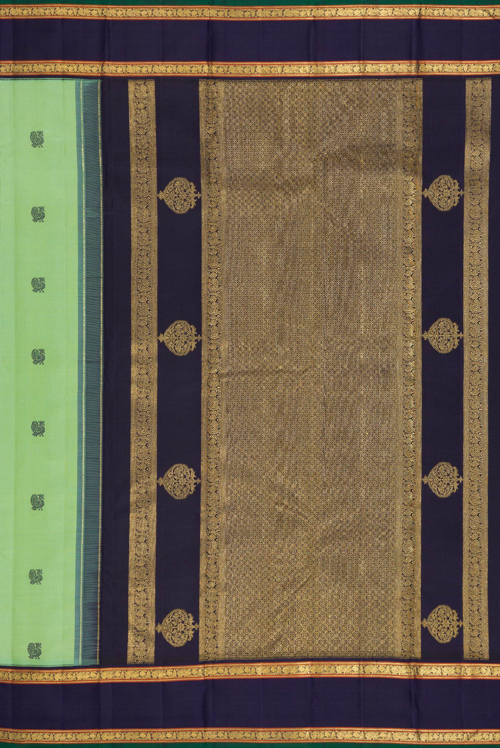 Close up image of the pallu of Pure Silk Pure Zari Green Dual Tone Kanchipuram Saree with Thread Butta on the body and Zari And Thread Border. 
