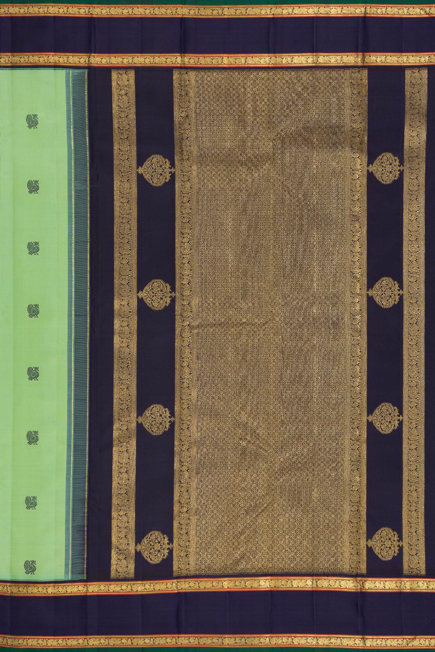 Close up image of the pallu of Pure Silk Pure Zari Green Dual Tone Kanchipuram Saree with Thread Butta on the body and Zari And Thread Border. 