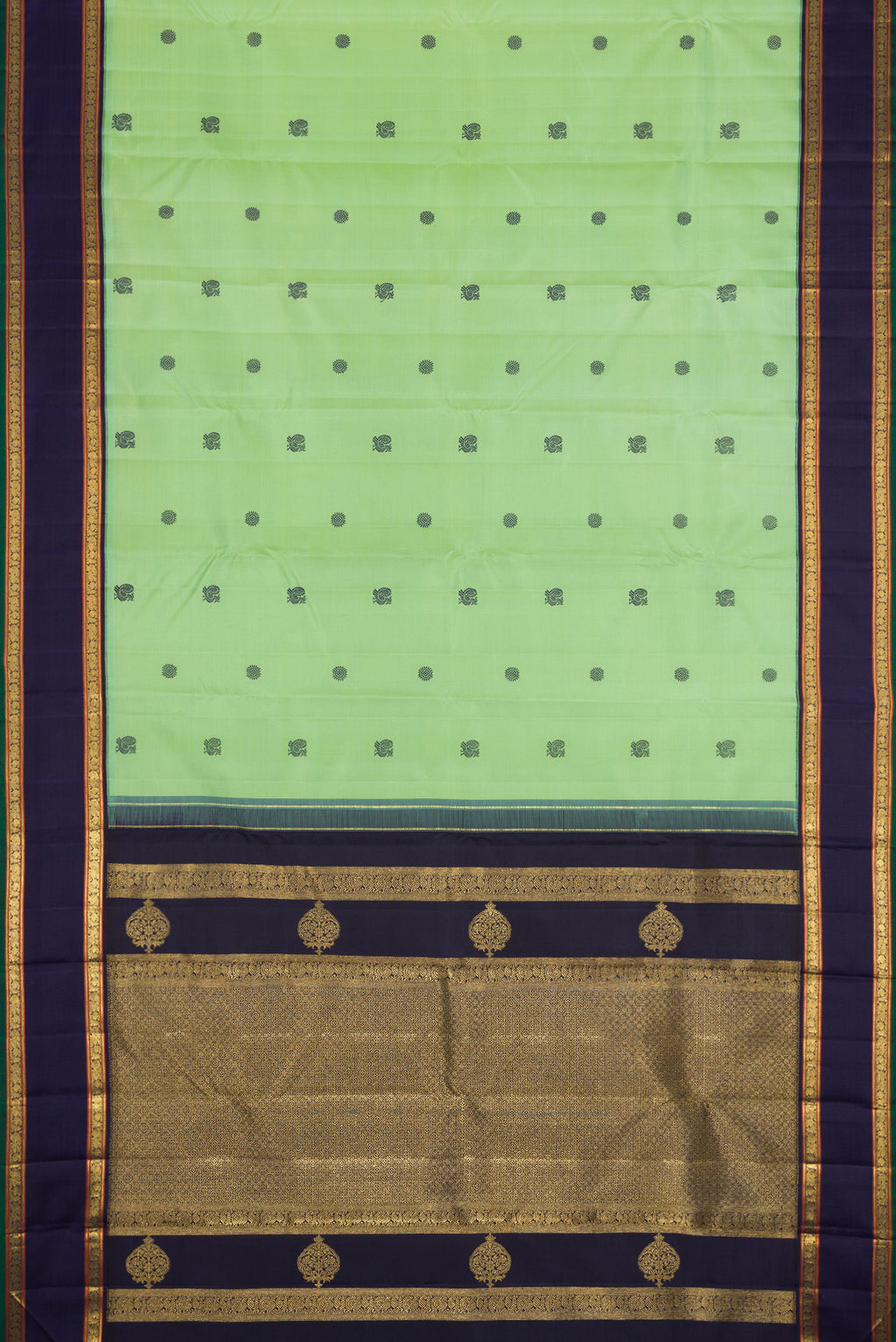 Flat view of Pure Silk Pure Zari Green Dual Tone Kanchipuram Saree with Thread Butta on the body and Zari And Thread Border. 