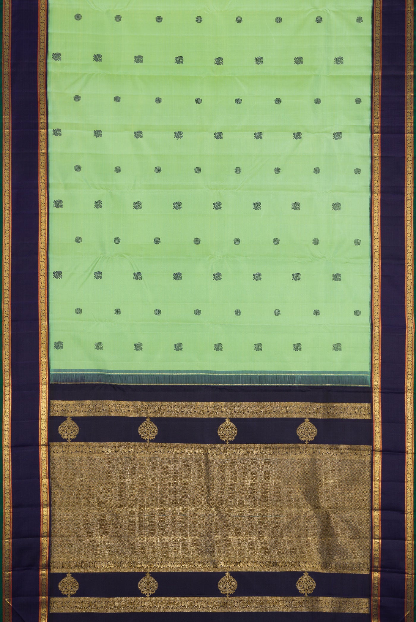 Flat view of Pure Silk Pure Zari Green Dual Tone Kanchipuram Saree with Thread Butta on the body and Zari And Thread Border. 