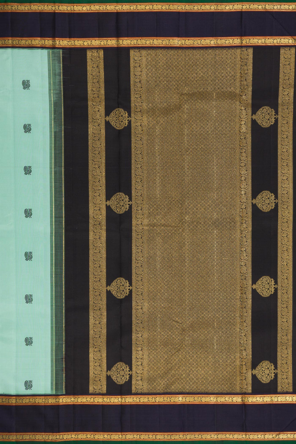 Close up image of the pallu of Pure Silk Pure Zari Light Blue Dual Tone Kanchipuram Saree with Thread Butta on the body and Zari Border. 
