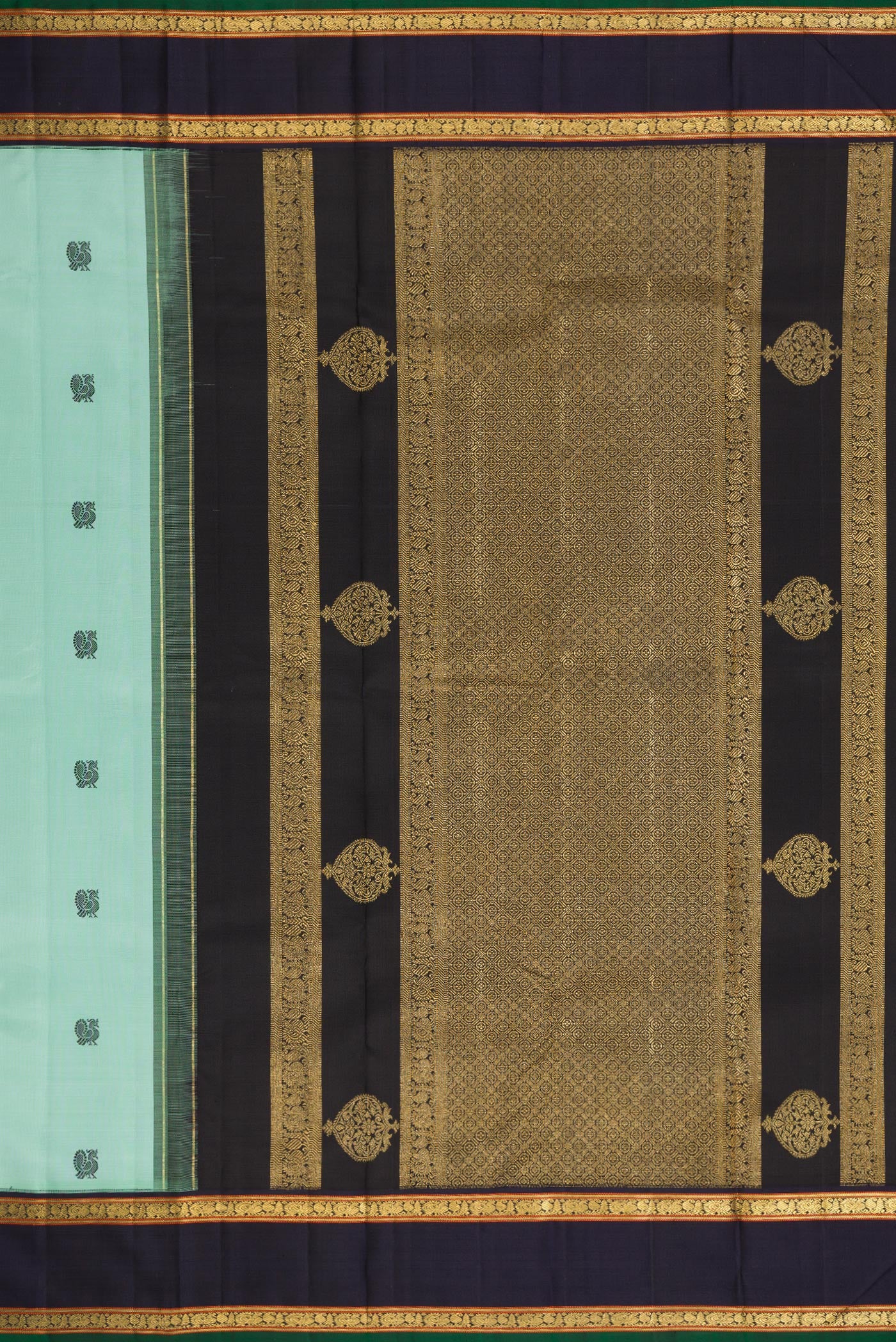 Close up image of the pallu of Pure Silk Pure Zari Light Blue Dual Tone Kanchipuram Saree with Thread Butta on the body and Zari Border. 