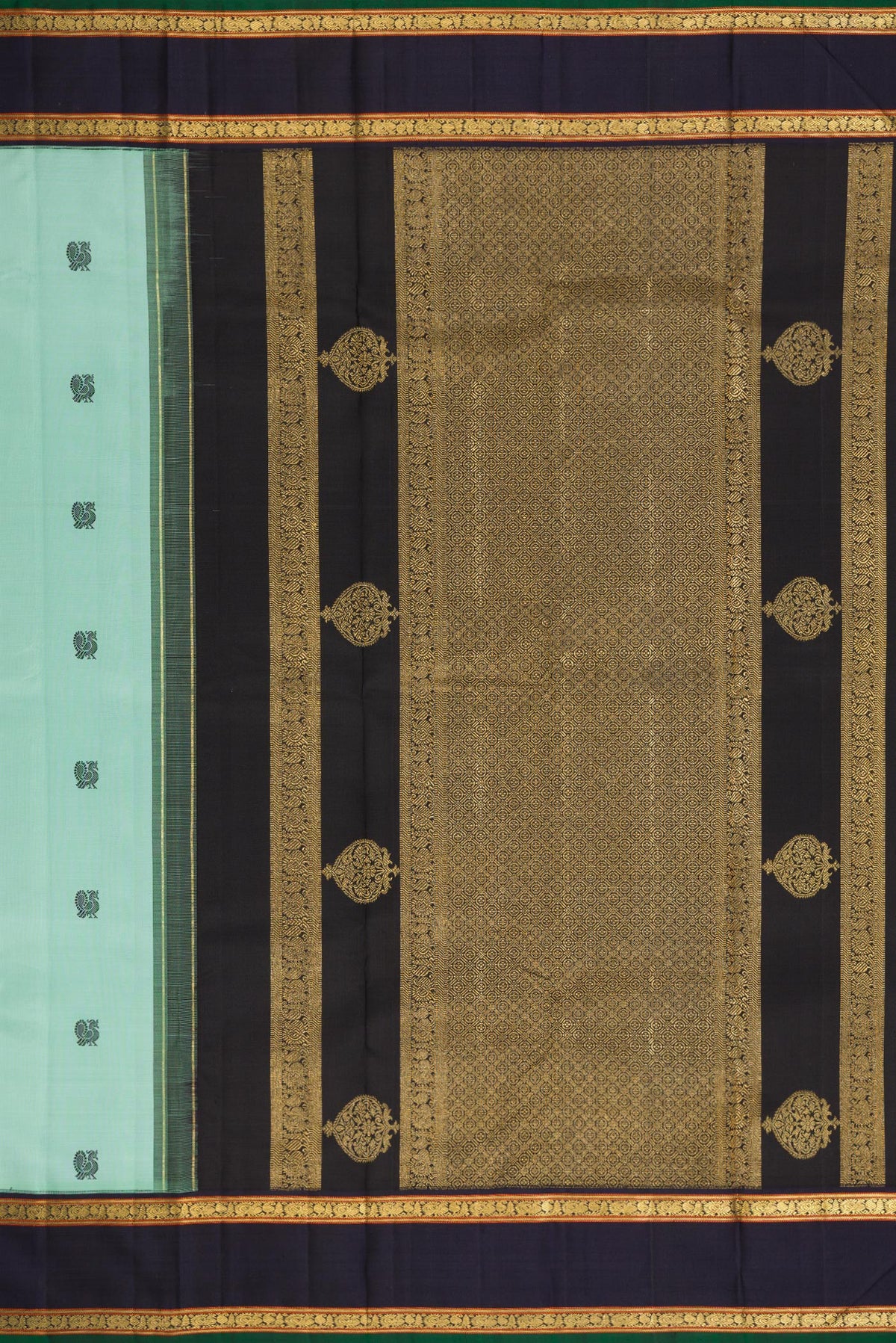 Close up image of the pallu of Pure Silk Pure Zari Light Blue Dual Tone Kanchipuram Saree with Thread Butta on the body and Zari Border. 