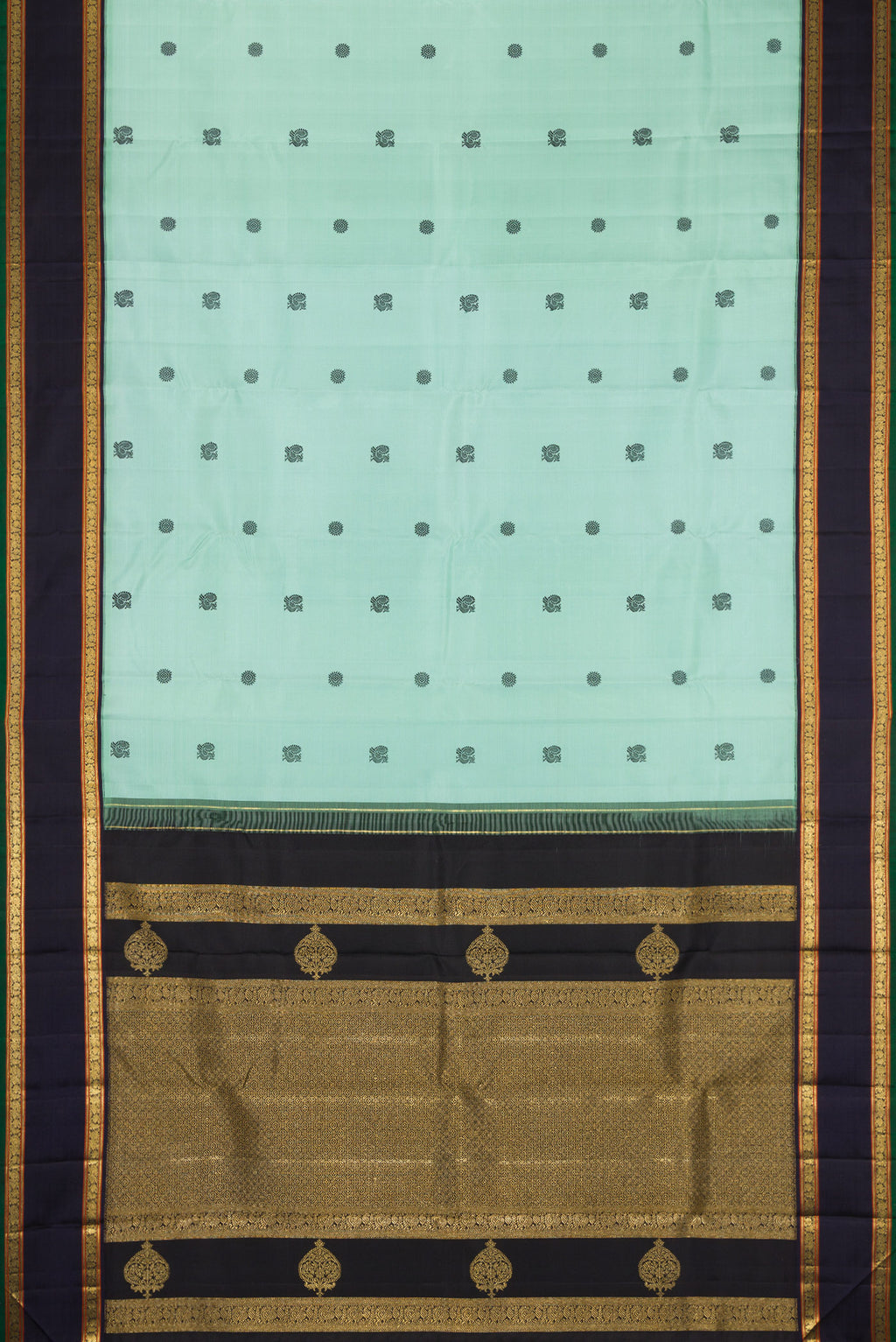 Flat view of Pure Silk Pure Zari Light Blue Dual Tone Kanchipuram Saree with Thread Butta on the body and Zari Border. 