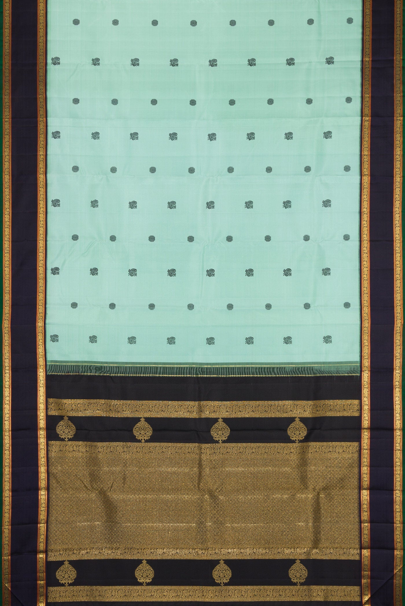 Flat view of Pure Silk Pure Zari Light Blue Dual Tone Kanchipuram Saree with Thread Butta on the body and Zari Border. 