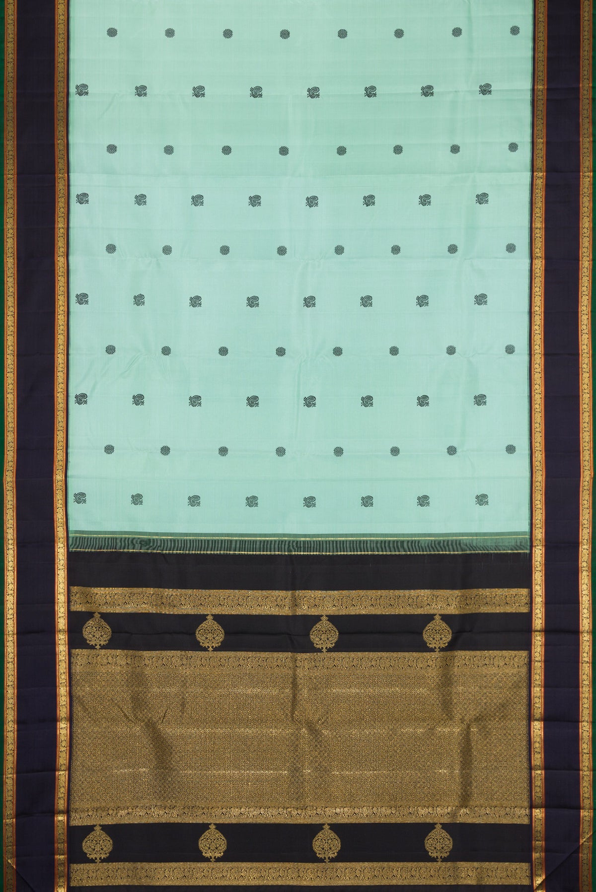 Flat view of Pure Silk Pure Zari Light Blue Dual Tone Kanchipuram Saree with Thread Butta on the body and Zari Border. 
