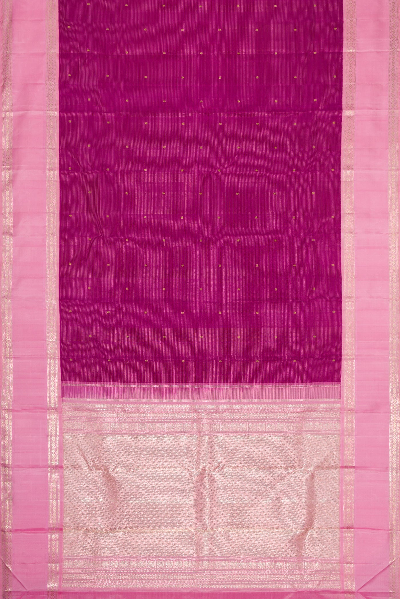Flat view of Pure Silk Pure Zari Purple Dual Tone Kanchipuram Saree with Zari Butta on the body and Zari And Thread Border. 