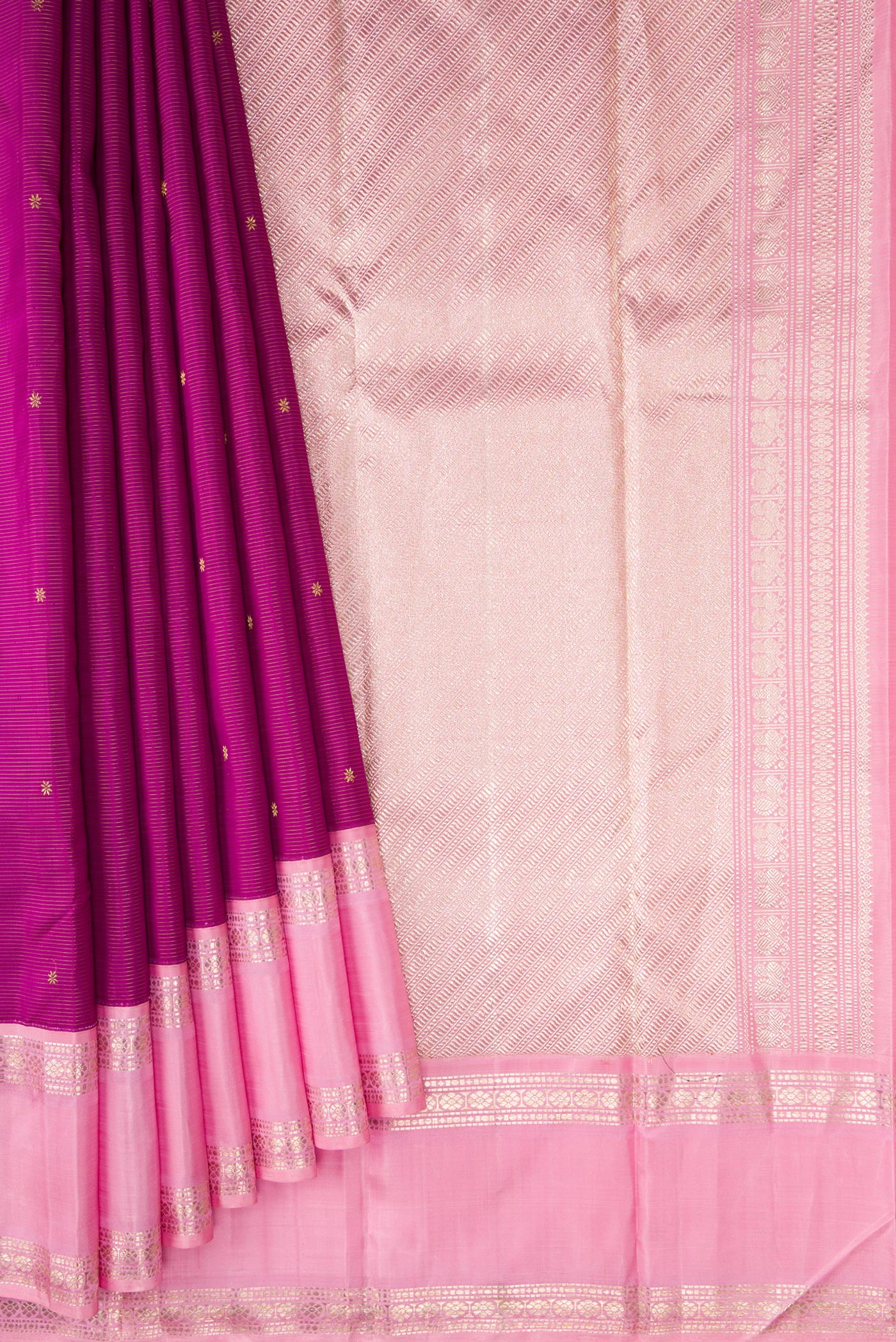 Pleats and pallu of Pure Silk Pure Zari Purple Dual Tone Kanchipuram Saree with Zari Butta on the body and Zari And Thread Border. 