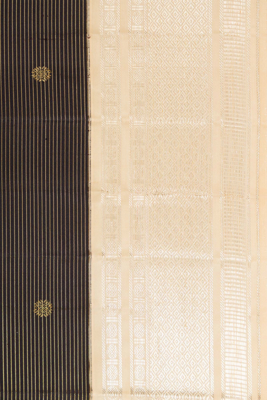 Border image of Black Dual Tone Kanchipuram Silk Saree with Stripes on the body and Zari Border. 