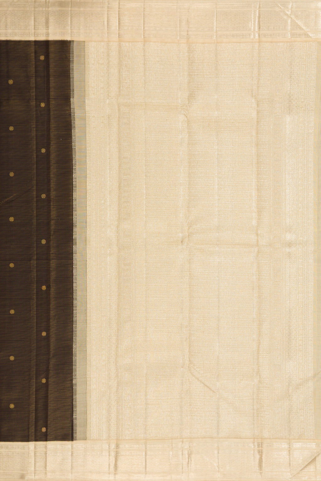 Close up image of the pallu of Black Dual Tone Kanchipuram Silk Saree with Stripes on the body and Zari Border. 
