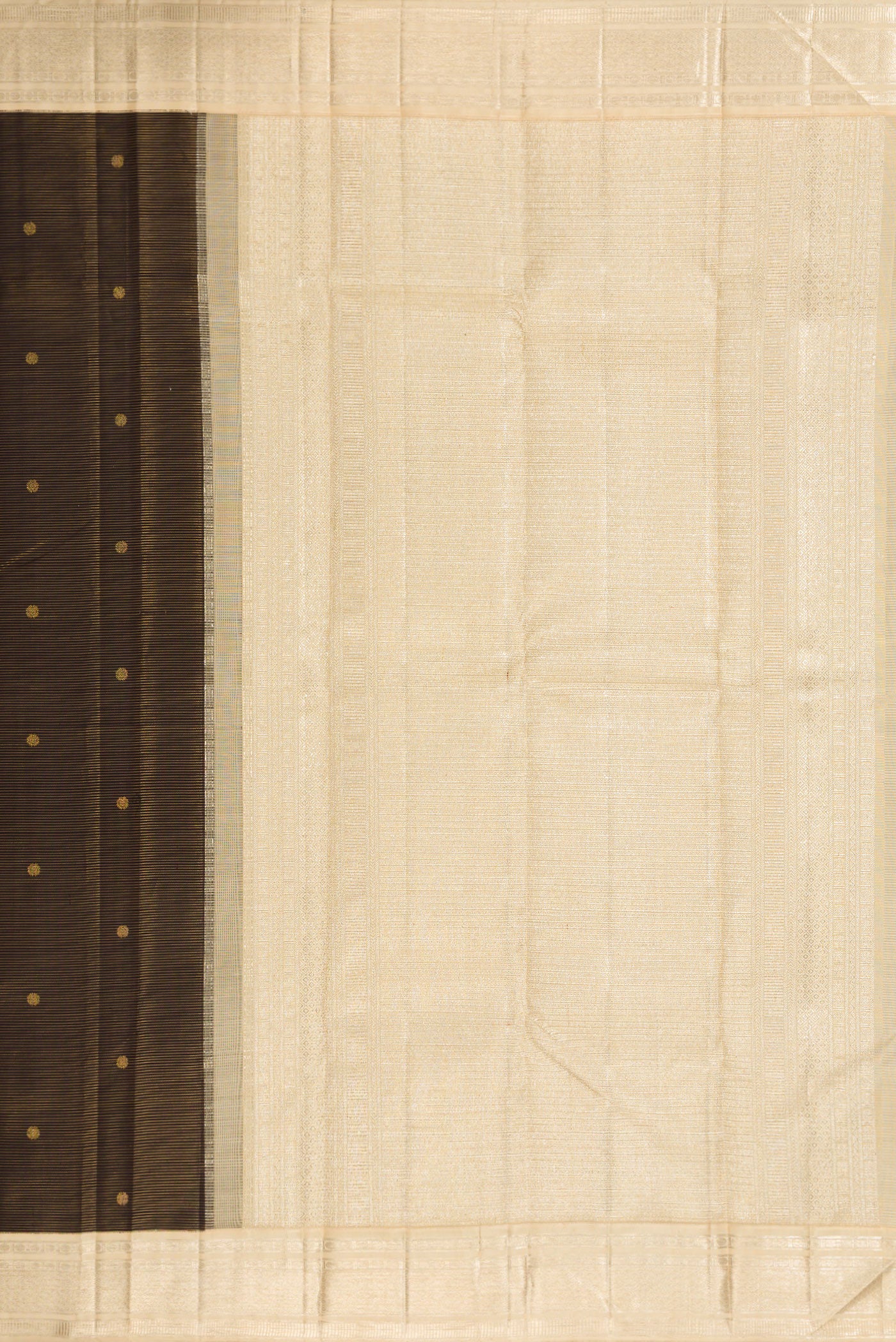 Close up image of the pallu of Black Dual Tone Kanchipuram Silk Saree with Stripes on the body and Zari Border. 