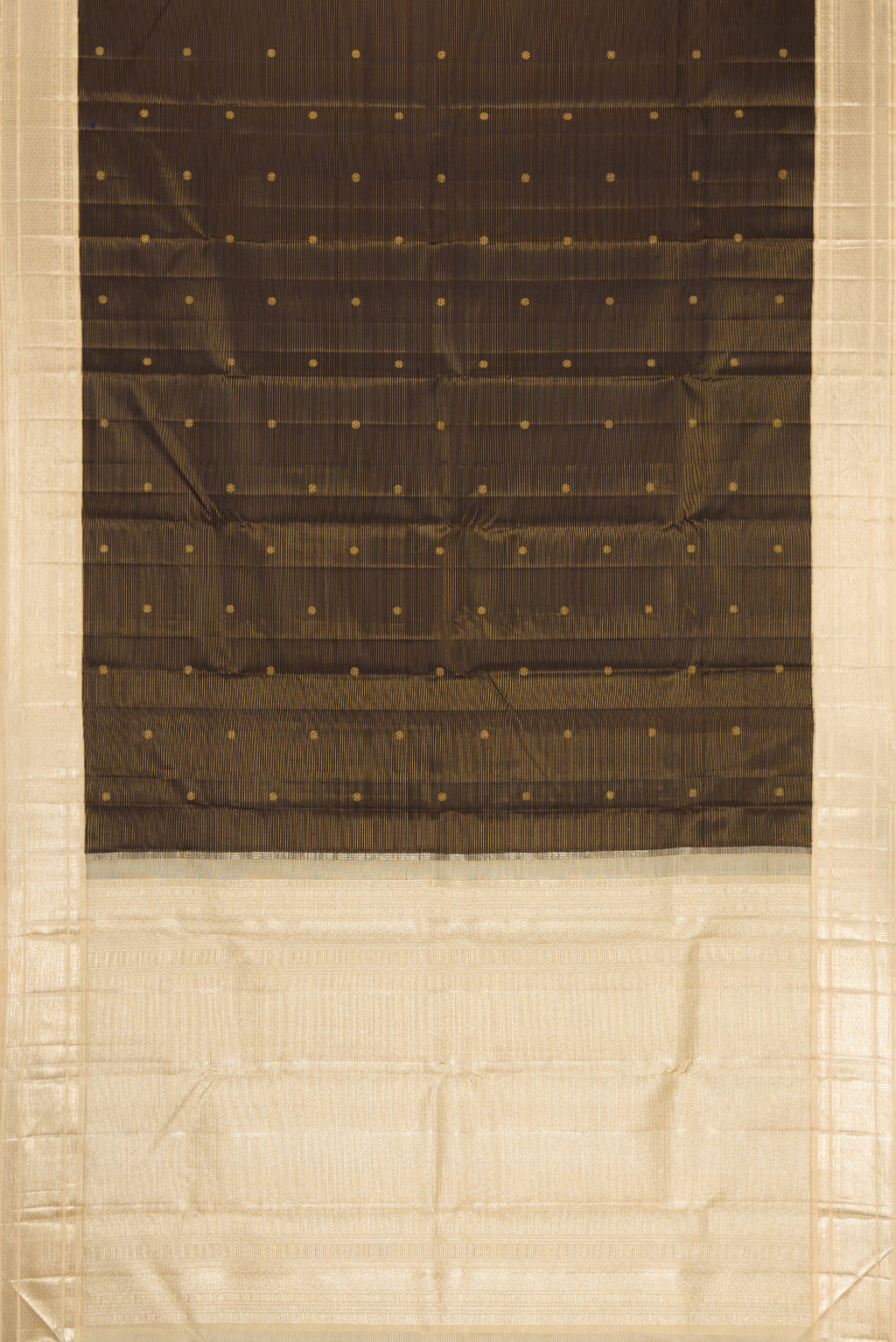 Flat view of Black Dual Tone Kanchipuram Silk Saree with Stripes on the body and Zari Border. 