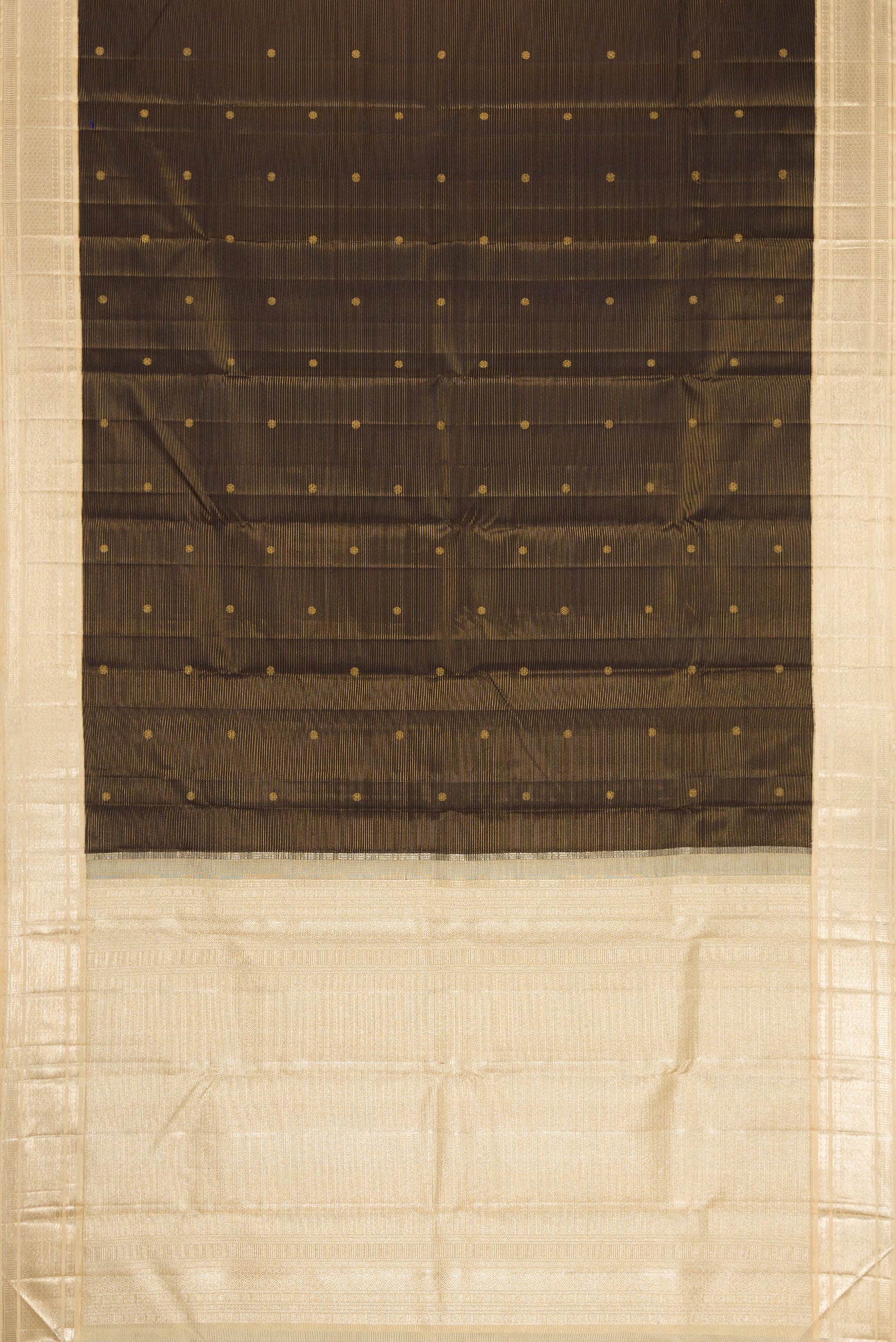 Flat view of Black Dual Tone Kanchipuram Silk Saree with Stripes on the body and Zari Border. 