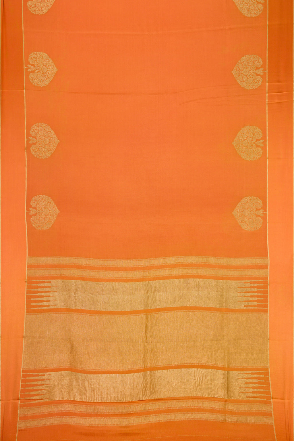 Flat view of Orange Dual Tone Crepe Saree with Plain Body and Fancy Border. 