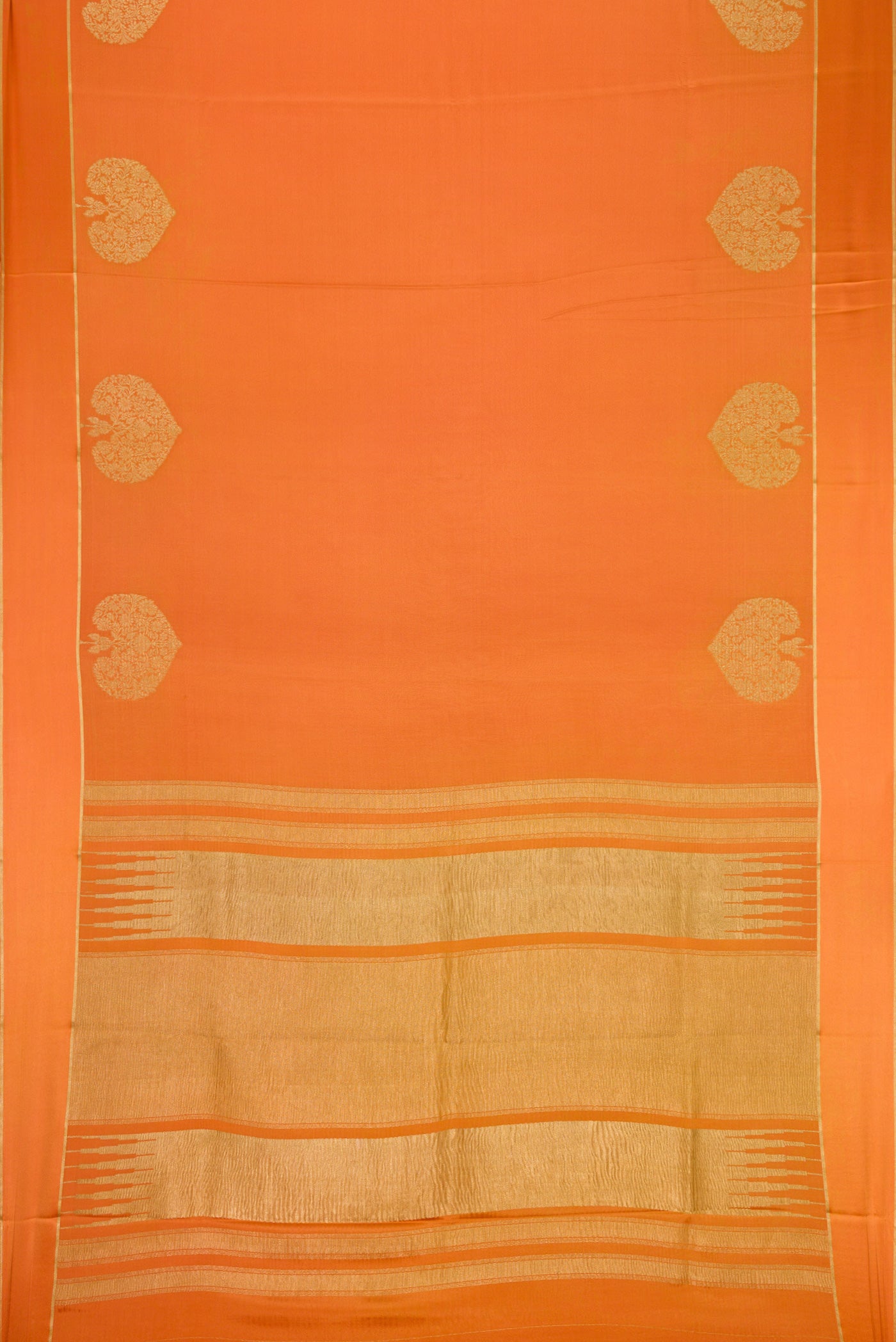Flat view of Orange Dual Tone Crepe Saree with Plain Body and Fancy Border. 