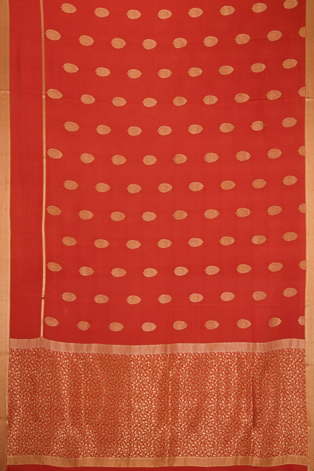 Flat view of Orange Dual Tone Georgette Saree with Zari Butta on the body and Zari Border. 