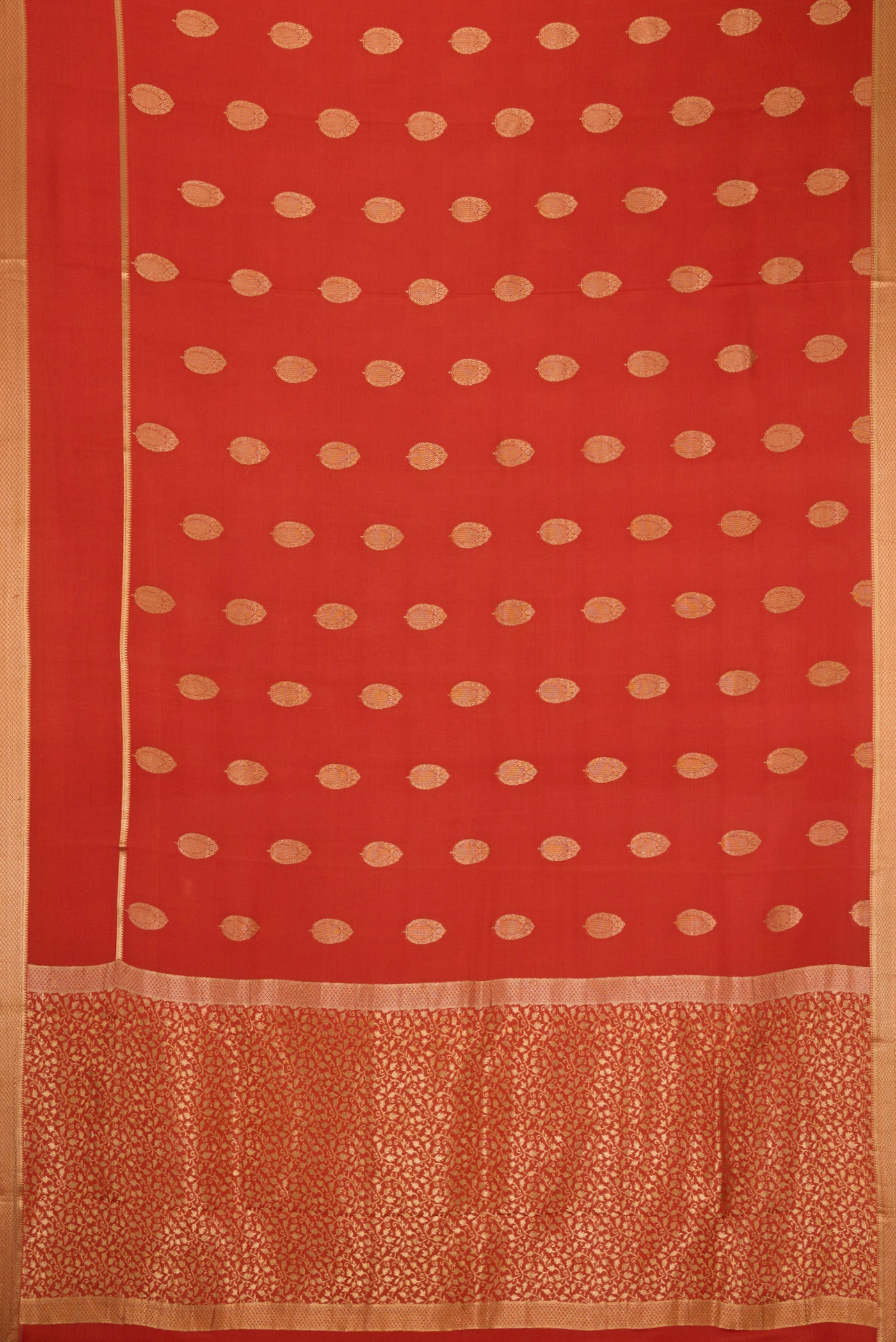 Flat view of Orange Dual Tone Georgette Saree with Zari Butta on the body and Zari Border. 
