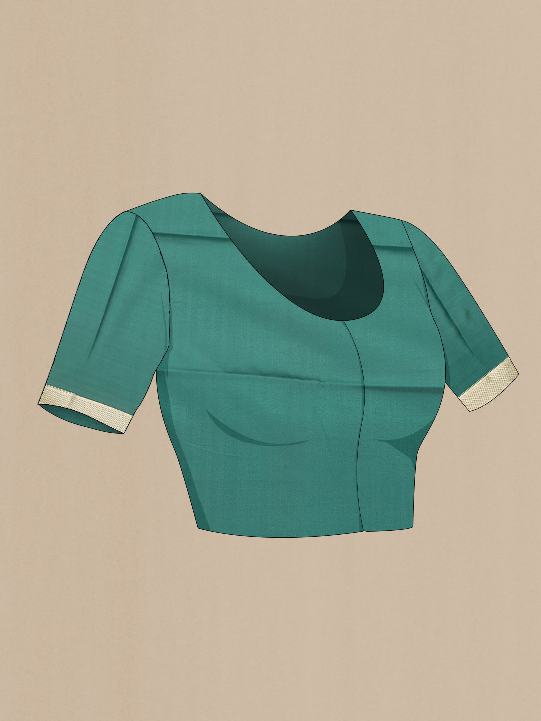 Close up image of the blouse of Bottle Green Dual Tone Mysore Silk Saree with Zari Butta on the body and Zari Border. 
