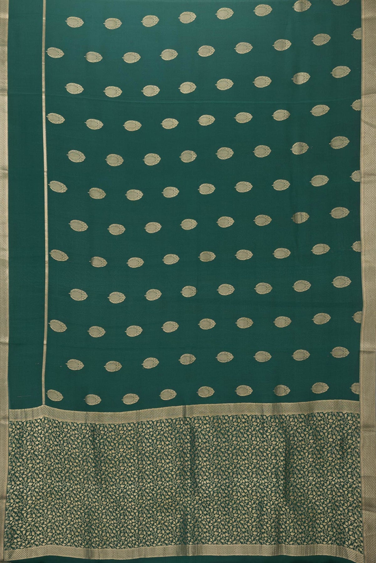 Flat view of Bottle Green Dual Tone Mysore Silk Saree with Zari Butta on the body and Zari Border. 