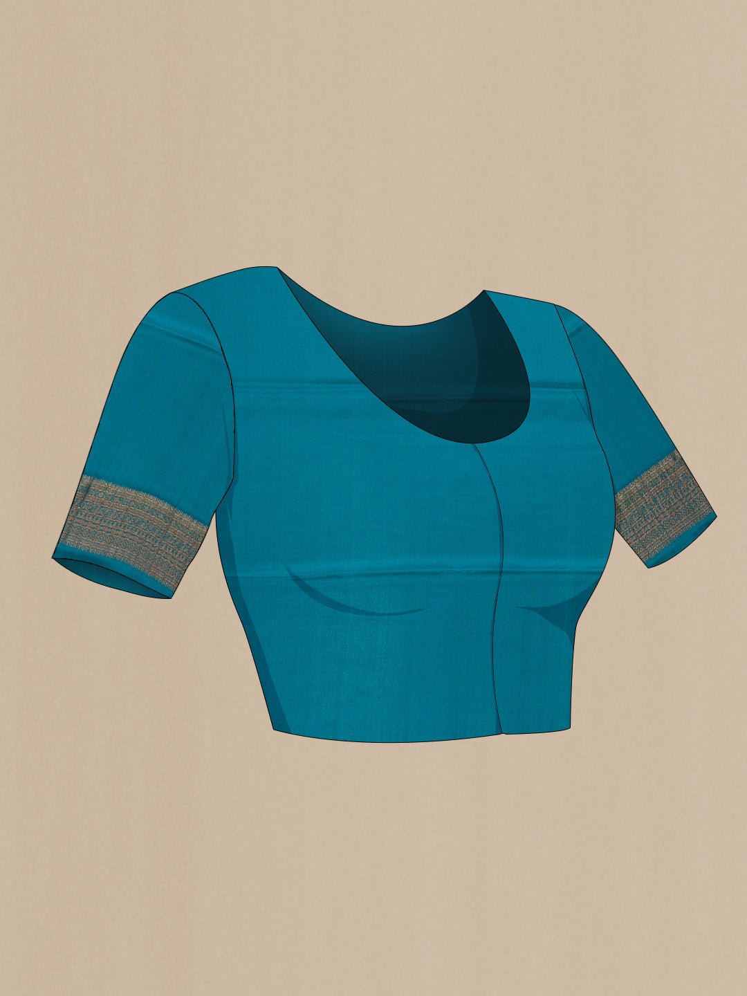Close up image of the blouse of Peacock Blue Dual Tone Mysore Crepe Saree with Zari Butta on the body and Fancy Border. 