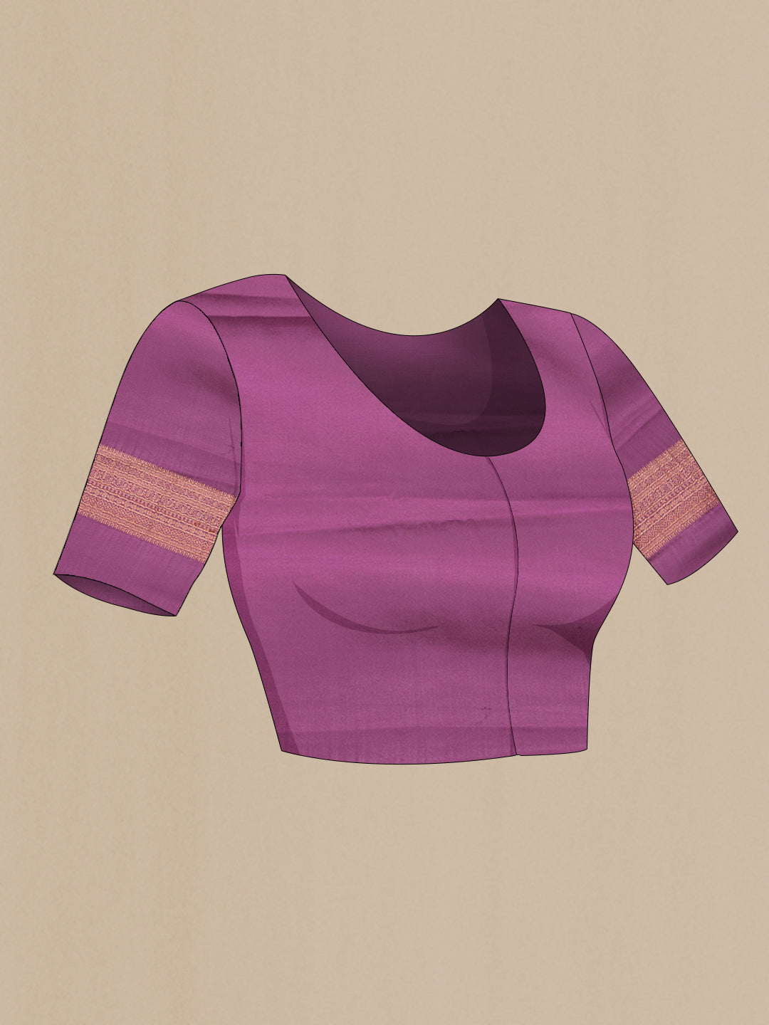 Close up image of the blouse of Purple Dual Tone Mysore Crepe Saree with Zari Butta on the body and Zari Border. 