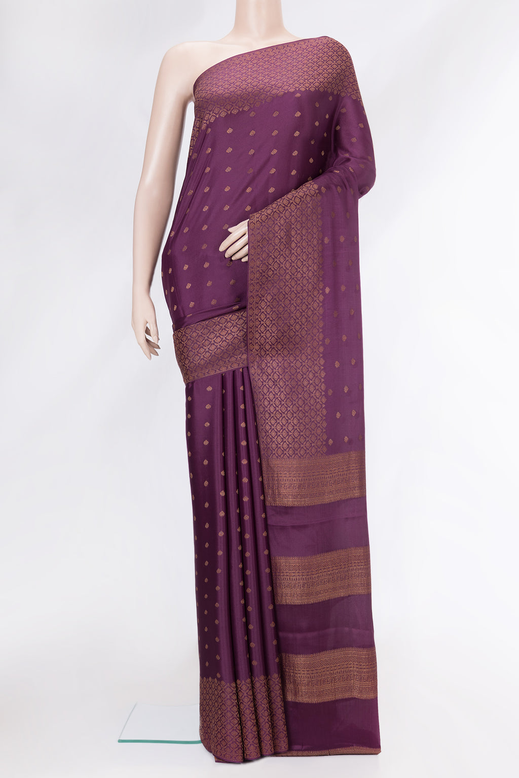 Purple Dual Tone Mysore Crepe Saree with Zari Butta on the body and Zari Border.  displayed on a mannequin