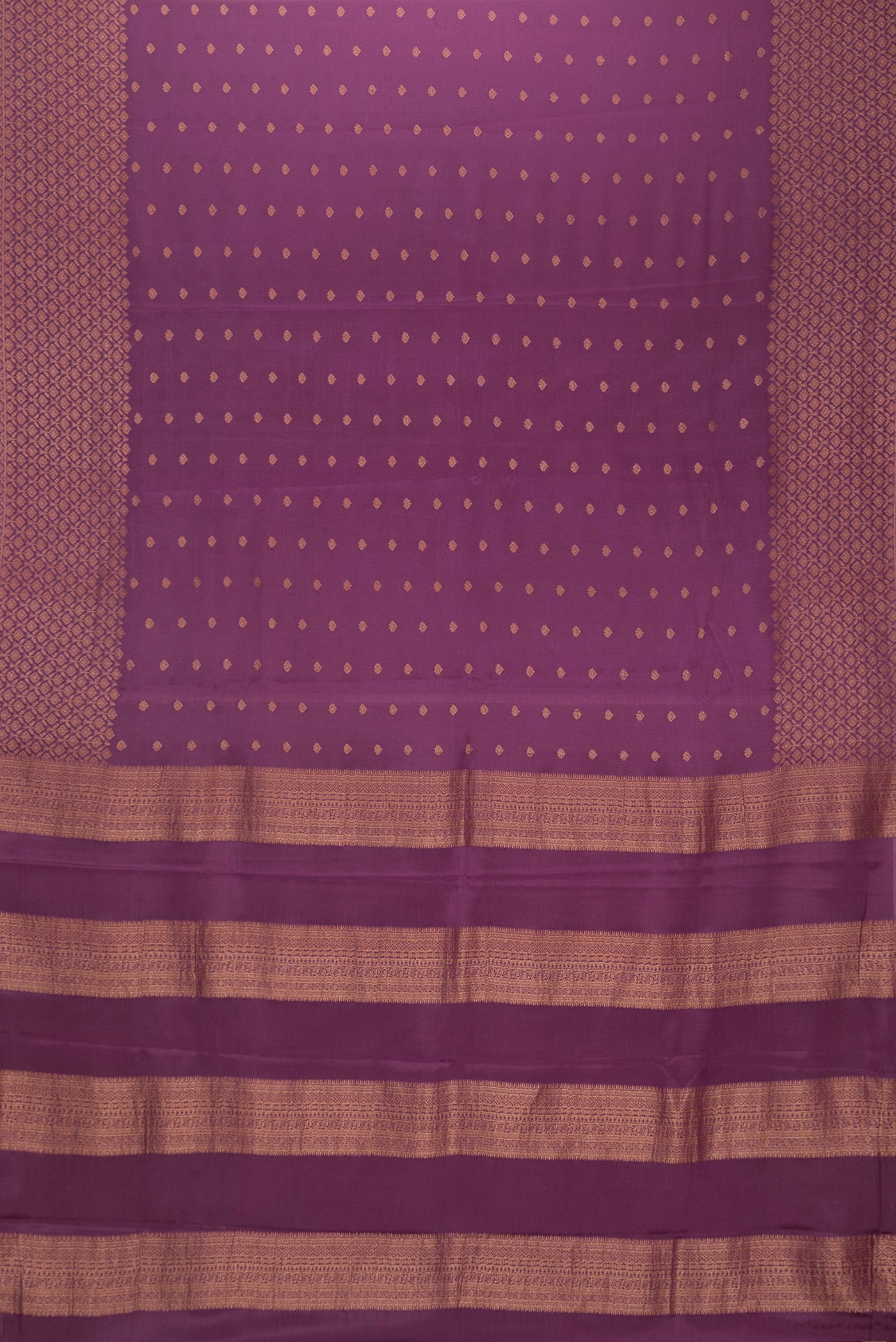 Flat view of Purple Dual Tone Mysore Crepe Saree with Zari Butta on the body and Zari Border. 