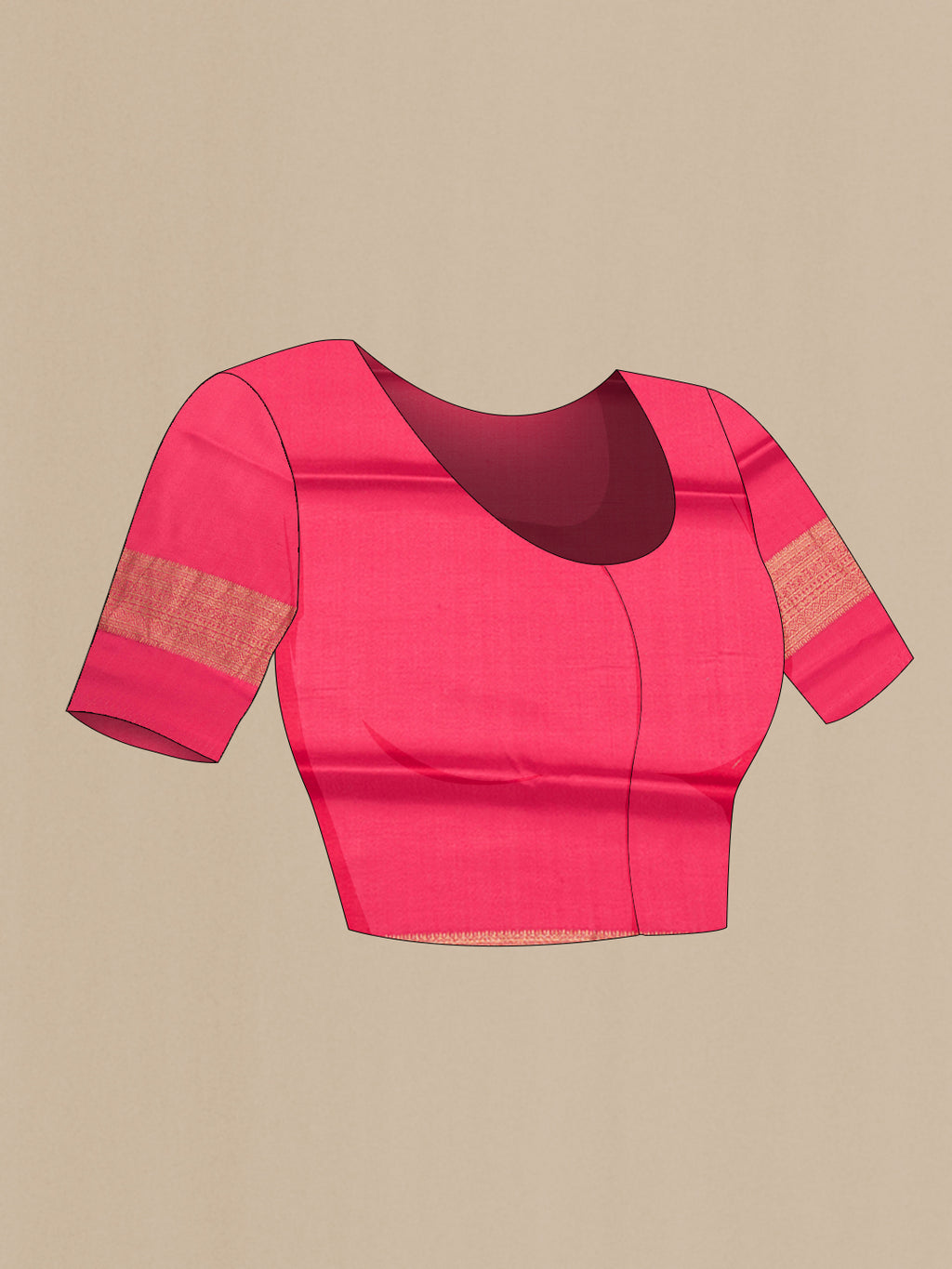 Close up image of the blouse of Dark Pink Dual Tone Mysore Silk Saree with Zari Butta on the body and Zari Border. 