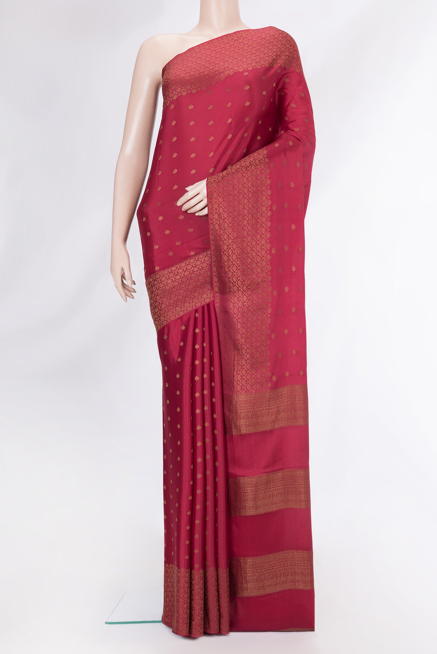 Dark Pink Dual Tone Mysore Silk Saree with Zari Butta on the body and Zari Border.  displayed on a mannequin