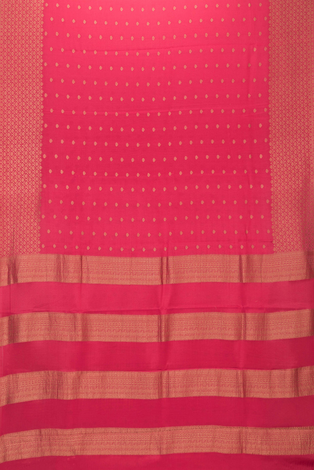 Flat view of Dark Pink Dual Tone Mysore Silk Saree with Zari Butta on the body and Zari Border. 