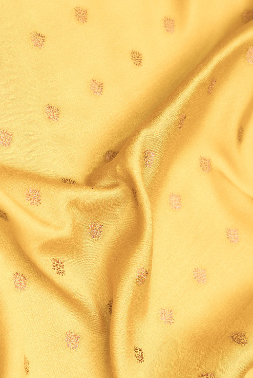 Close up of Mustard Dual Tone Mysore Crepe Saree with Zari Butta on the body and Zari Border.  displaying folds