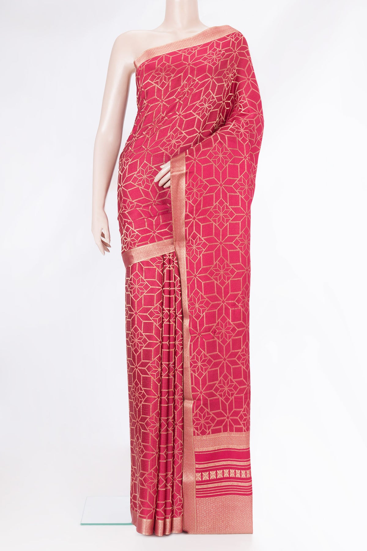 Pink Dual Tone Mysore Crepe Saree with Zari Brocade on the body and Zari Border.  displayed on a mannequin