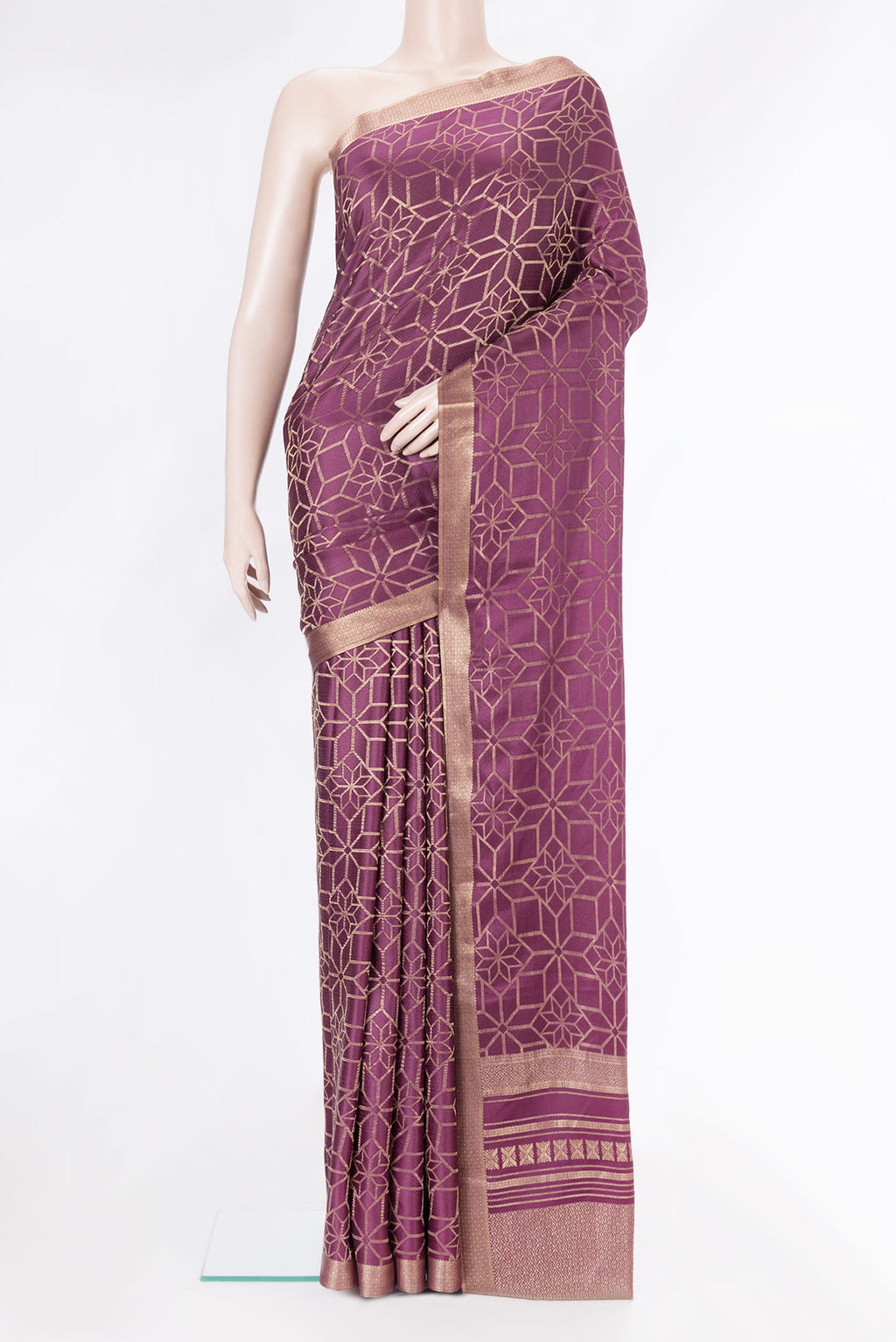 Purple Dual Tone Mysore Crepe Saree with Zari Brocade on the body and Zari Border.  displayed on a mannequin