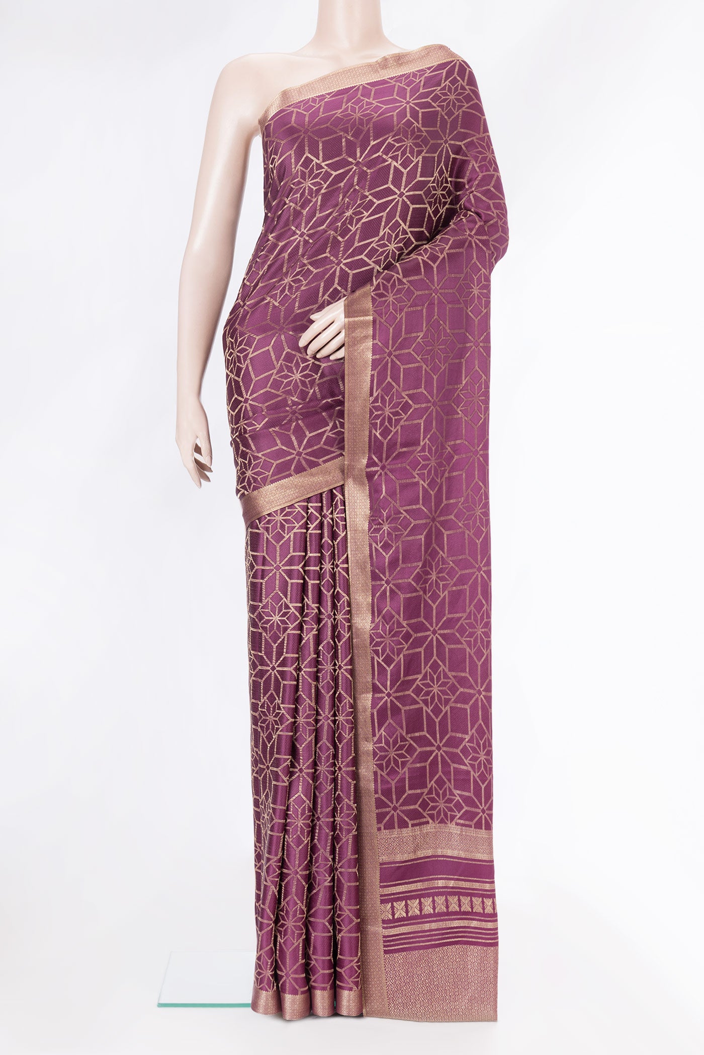 Purple Dual Tone Mysore Crepe Saree with Zari Brocade on the body and Zari Border.  displayed on a mannequin