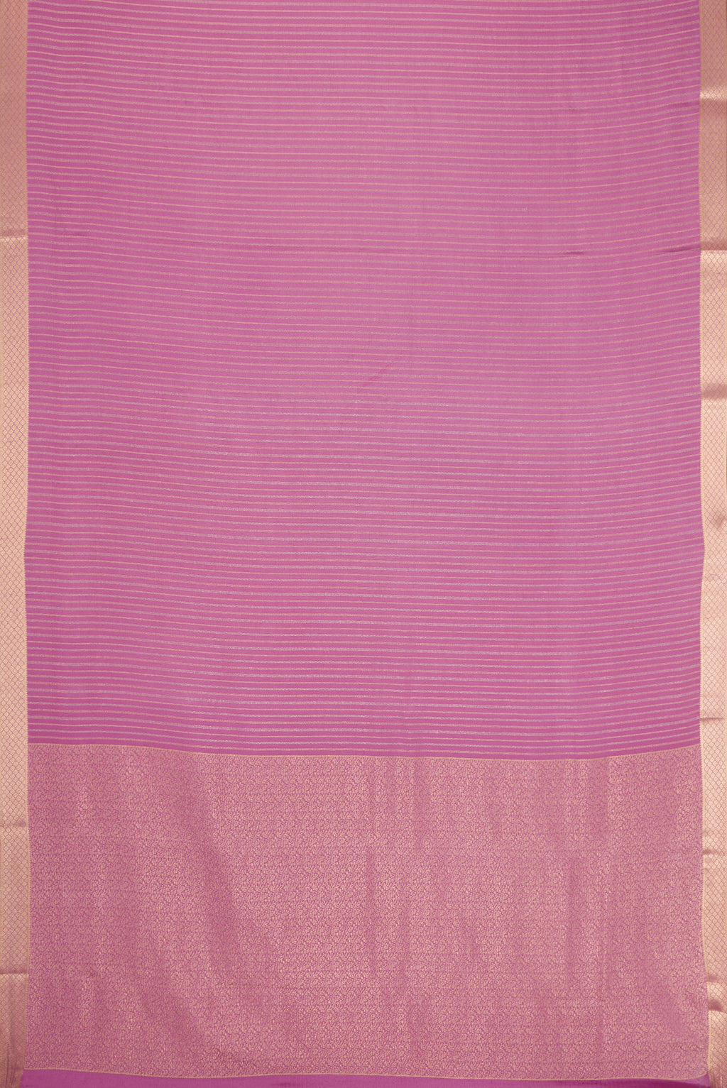 Flat view of Lavender Dual Tone Mysore Crepe Saree with Stripes on the body and Zari Border. 
