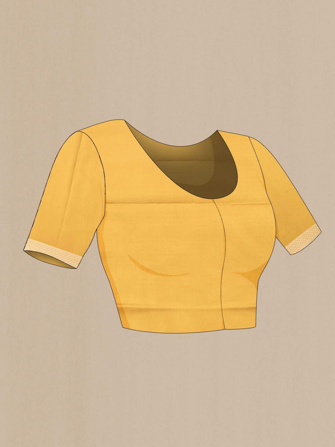Close up image of the blouse of Mustard Dual Tone Banarasi Georgette Saree with Stripes on the body and Zari Border. 