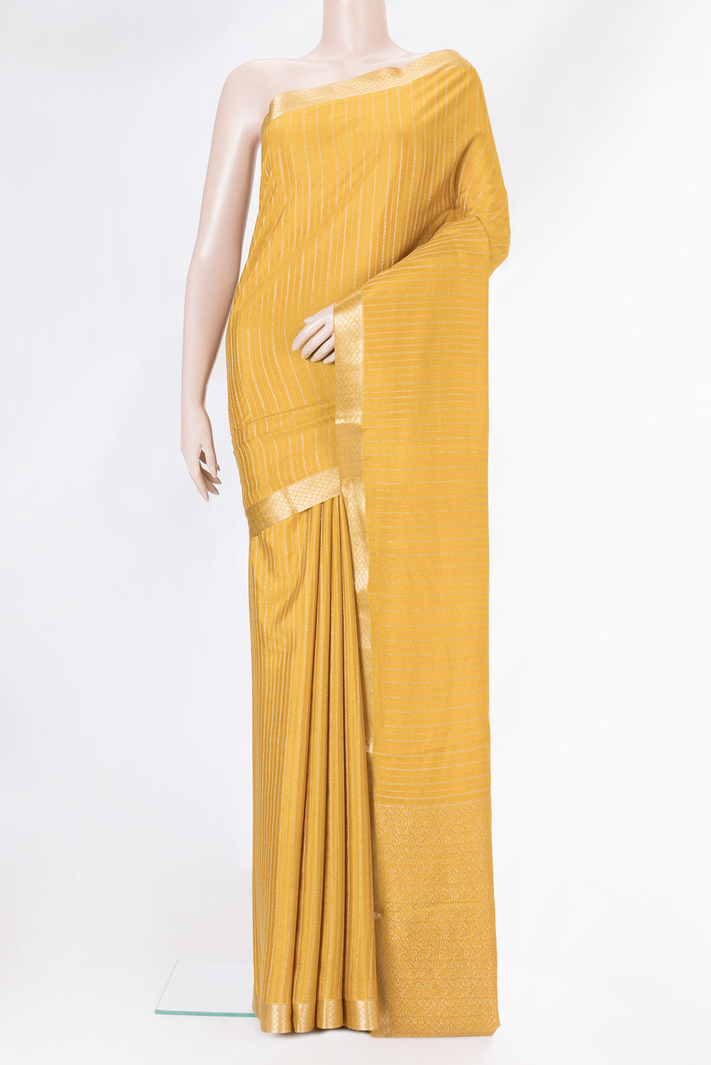 Mustard Dual Tone Banarasi Georgette Saree with Stripes on the body and Zari Border.  displayed on a mannequin