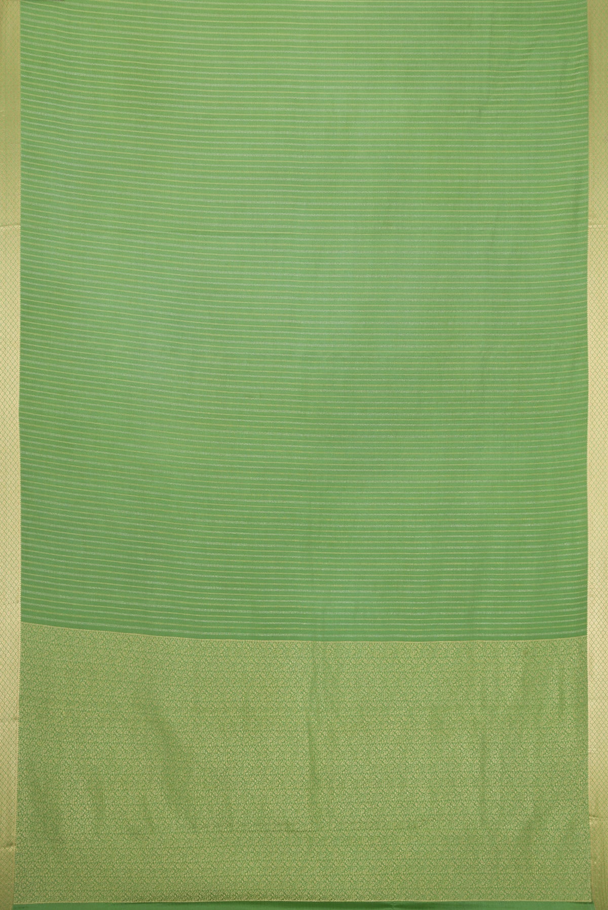 Flat view of Pista Green Mysore Crepe Saree with Stripes on the body and Zari Border. 