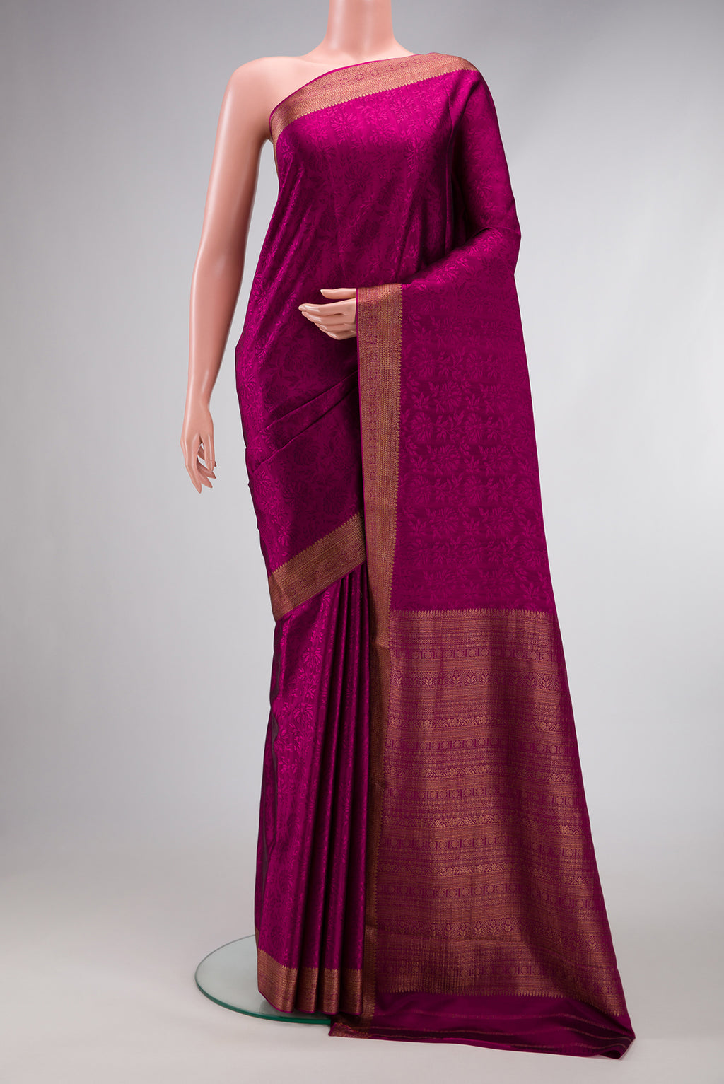 Purple Dual Tone Crepe Saree with Jacquard design on the body and Zari Border.  displayed on a mannequin