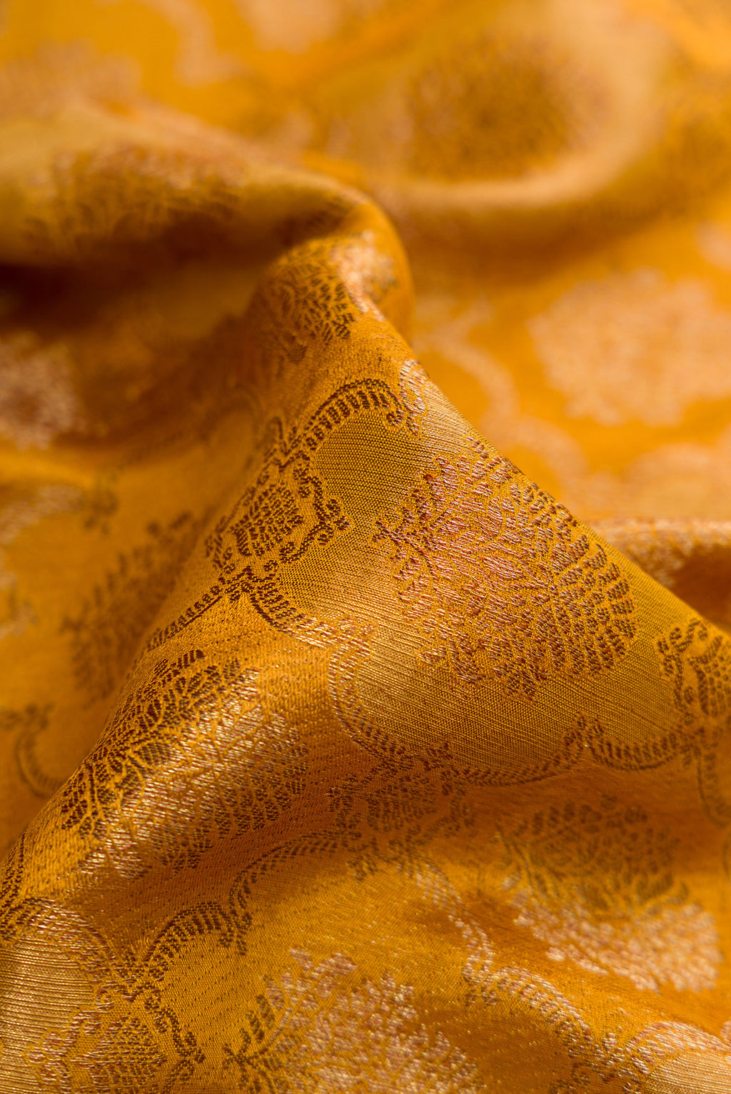 Close up of Mustard Mysore Crepe Saree with Zari Brocade on the body and Zari Border.  displaying folds