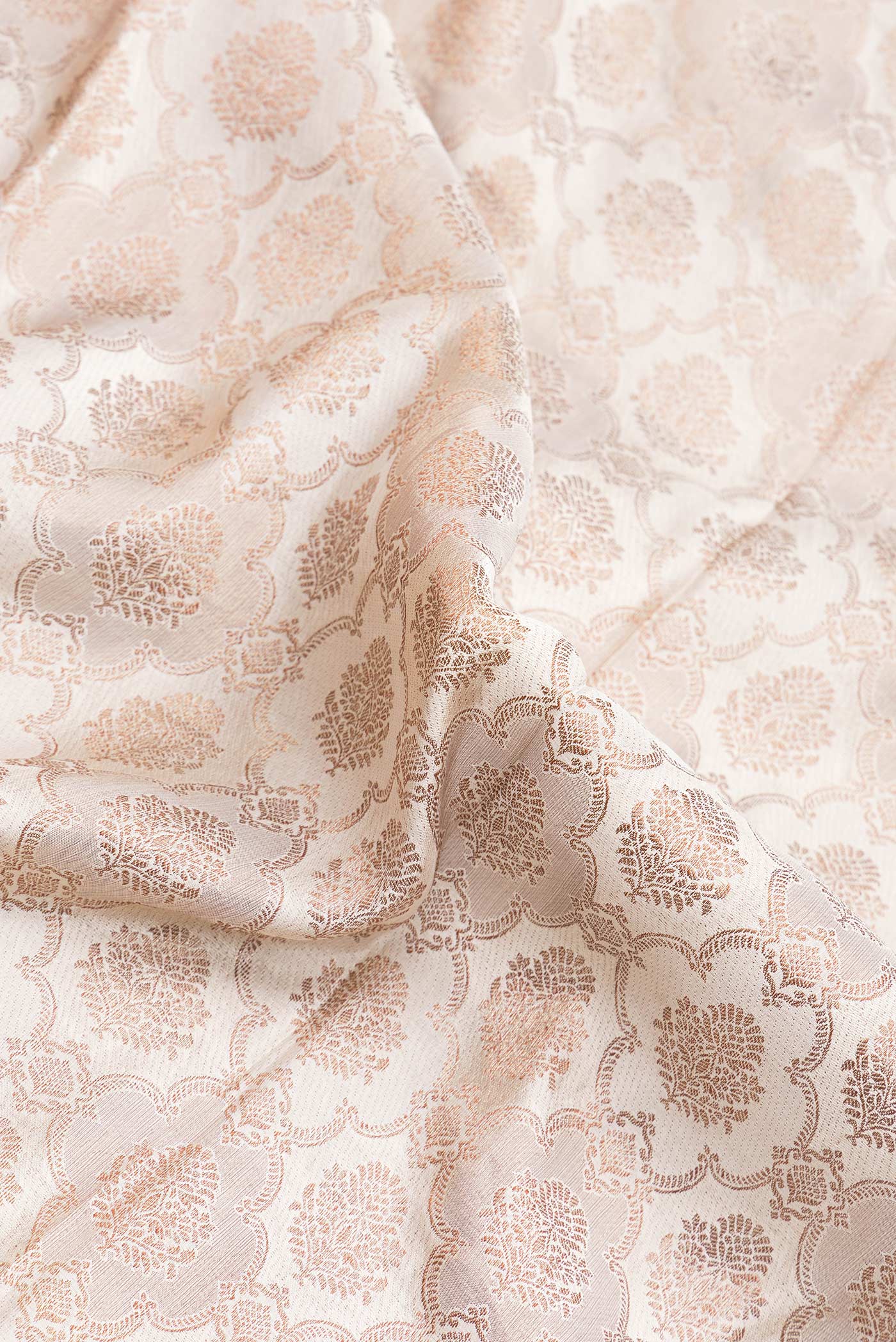 Close up of Beige Dual Tone Banarasi Georgette Saree with Zari Brocade on the body and Zari Border.  displaying folds
