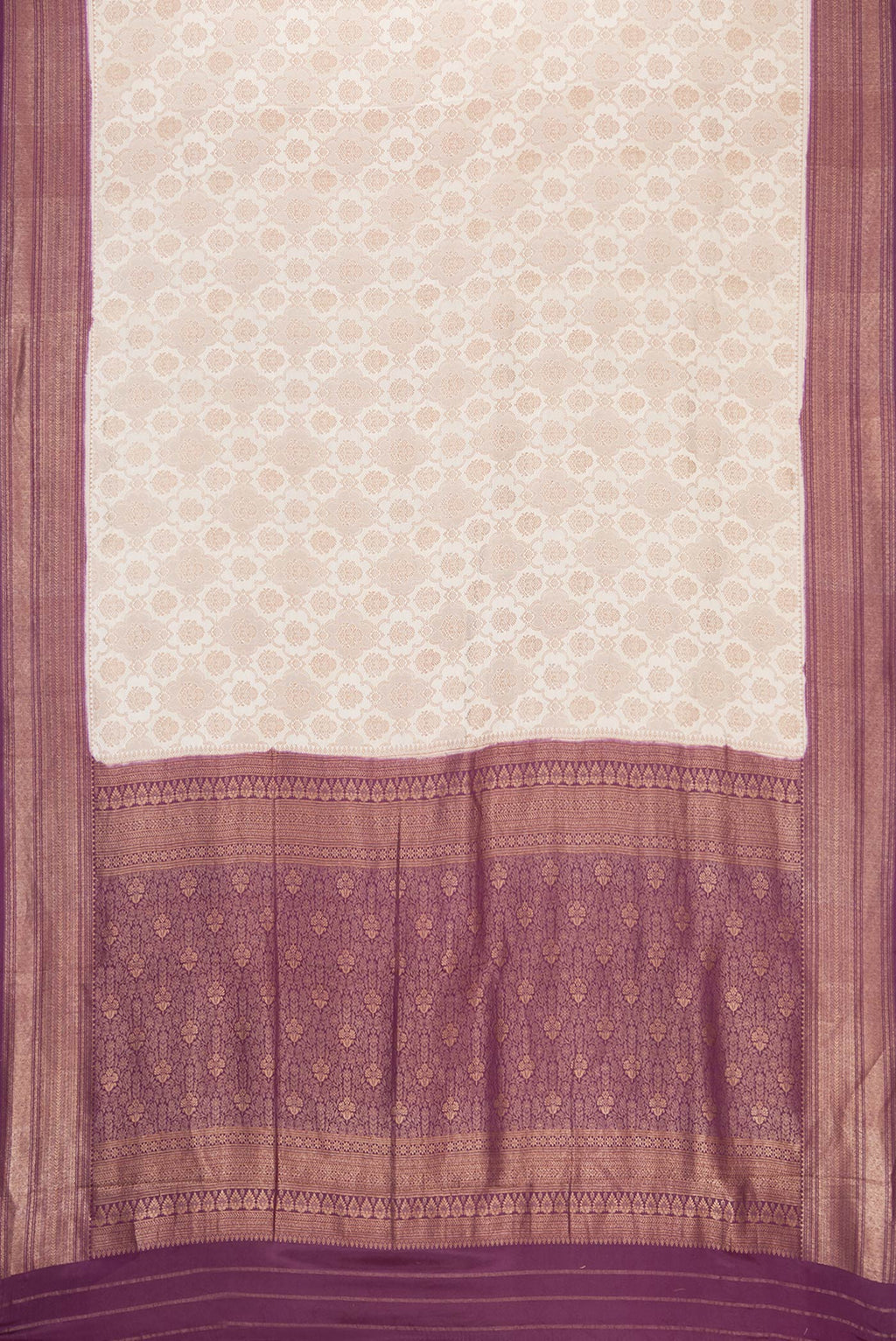 Flat view of Beige Dual Tone Banarasi Georgette Saree with Zari Brocade on the body and Zari Border. 