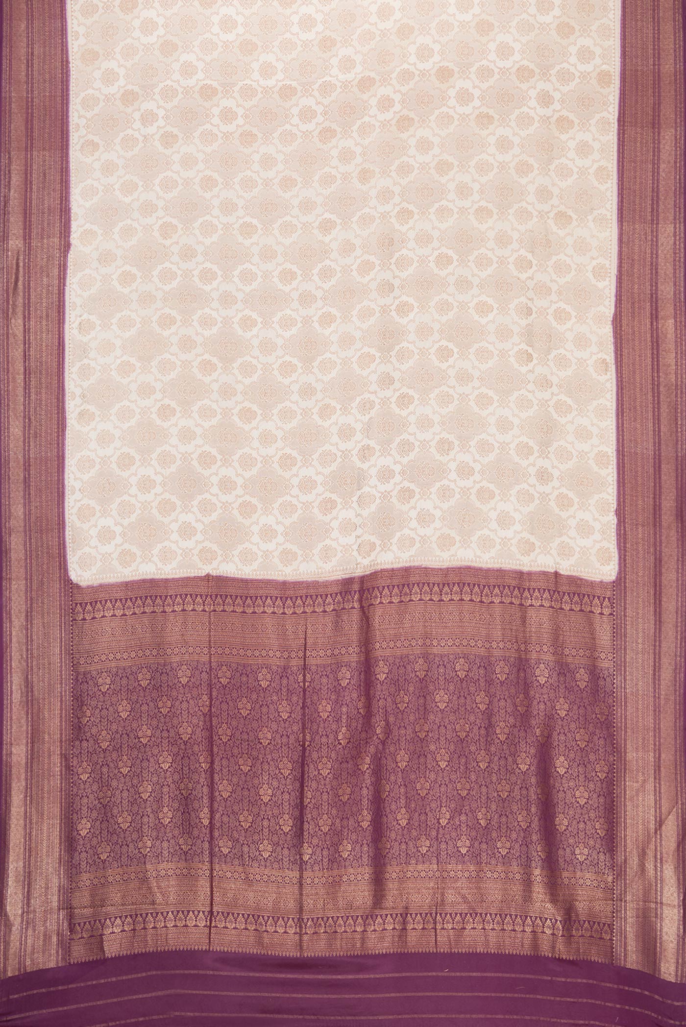 Flat view of Beige Dual Tone Banarasi Georgette Saree with Zari Brocade on the body and Zari Border. 