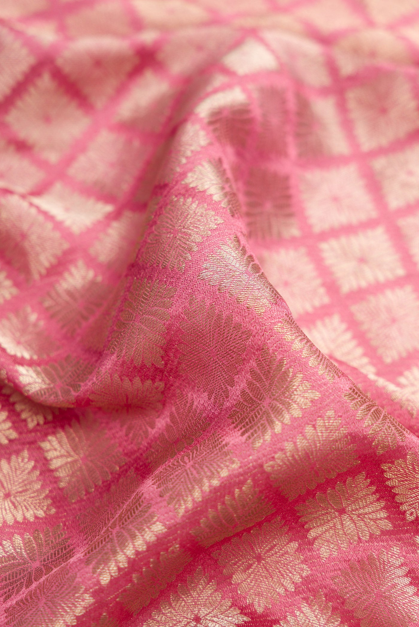 Close up of Pink Dual Tone Mysore Crepe Saree with Zari Brocade on the body and Zari Border.  displaying folds