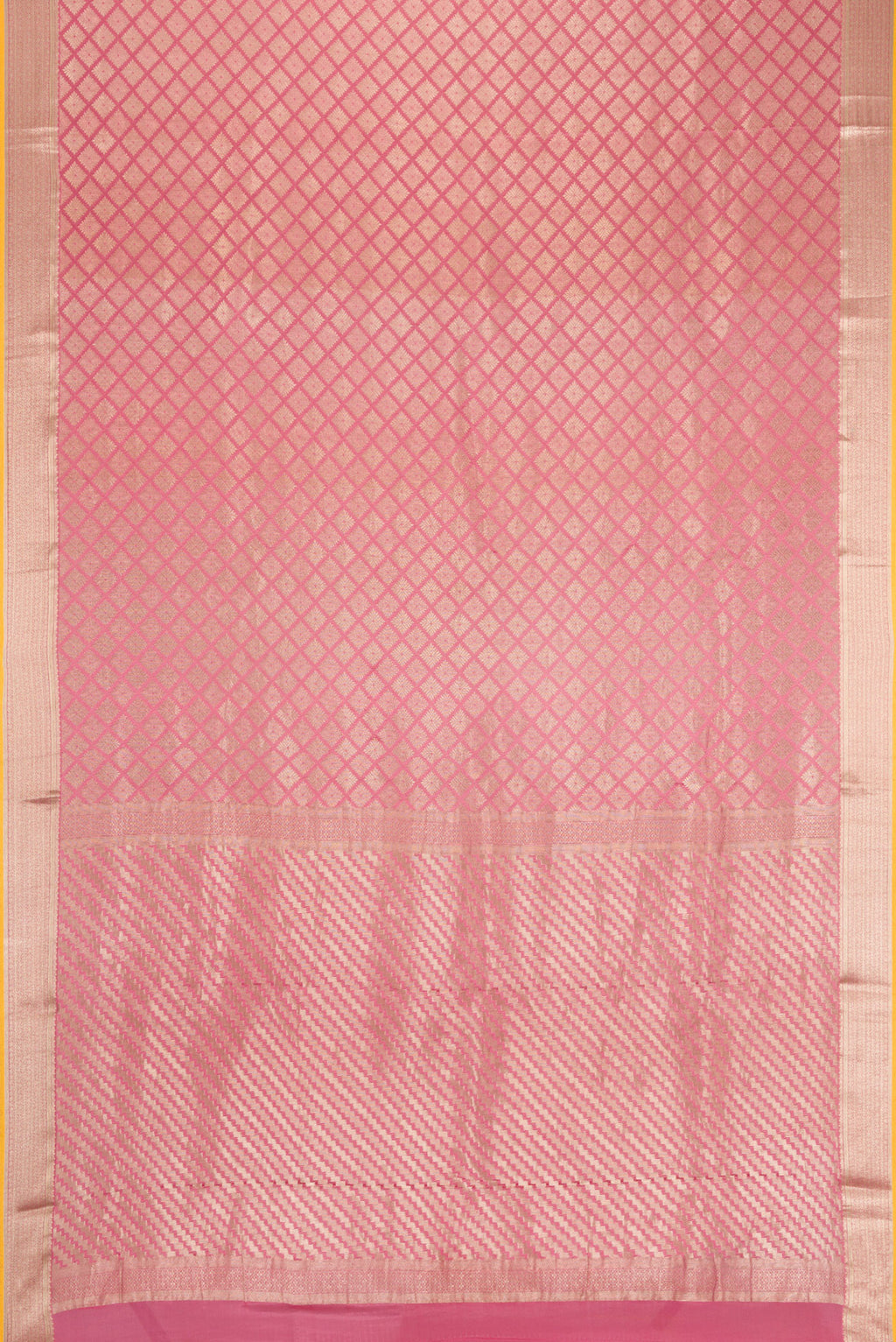 Flat view of Pink Dual Tone Mysore Crepe Saree with Zari Brocade on the body and Zari Border. 