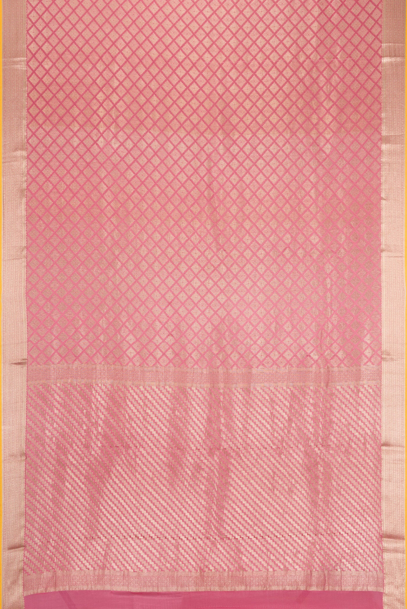 Flat view of Pink Dual Tone Mysore Crepe Saree with Zari Brocade on the body and Zari Border. 